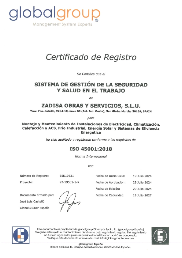 Zadisa Certificado ISO 45001:2018